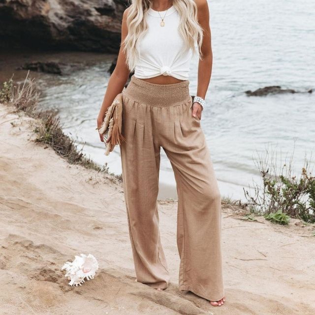 Lange Damenhose Leinen | Weites Bein | Luftig | Sommerhose | Street Style-Beige-S-Luzern Mode