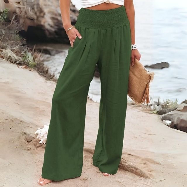 Lange Damenhose Leinen | Weites Bein | Luftig | Sommerhose | Street Style-Grün-S-Luzern Mode