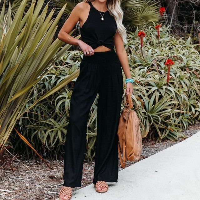 Lange Damenhose Leinen | Weites Bein | Luftig | Sommerhose | Street Style-Schwarz-S-Luzern Mode
