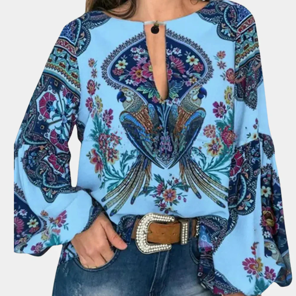 Damen Sommerbluse | Blumenprint | Lange Ärmel | Leicht | Atmungsaktiv-Blau-XS-Luzern Mode