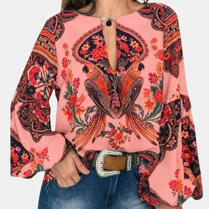 Damen Sommerbluse | Blumenprint | Lange Ärmel | Leicht | Atmungsaktiv-Rosa-XS-Luzern Mode
