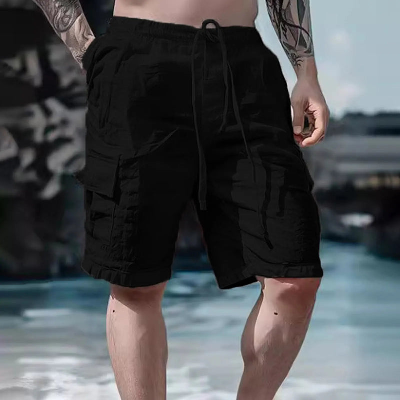 Herren Shorts Sommer | Weites Bein | Kordelzug | Leinen Baumwolle | Lässig-Schwarz-S-Luzern Mode