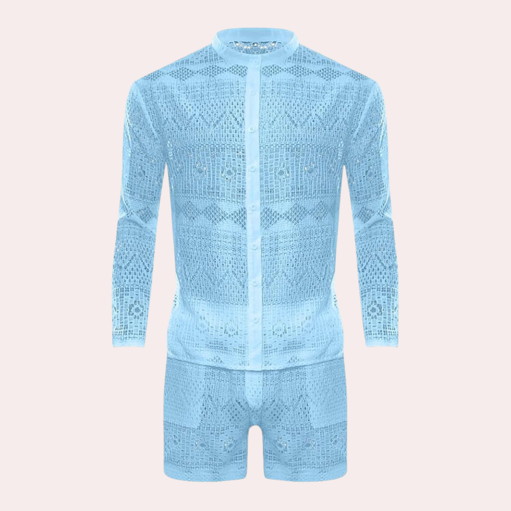 Herren Sommer Strand Outfit aus Spitze - Leicht und Atmungsaktiv-Himmelblau-S-Luzern Mode