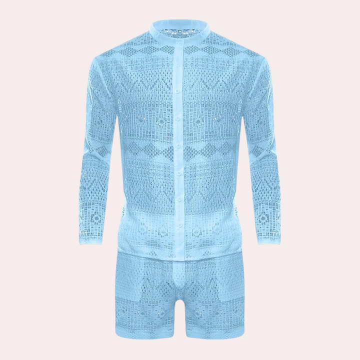 Herren Sommer Strand Outfit aus Spitze - Leicht und Atmungsaktiv-Himmelblau-S-Luzern Mode