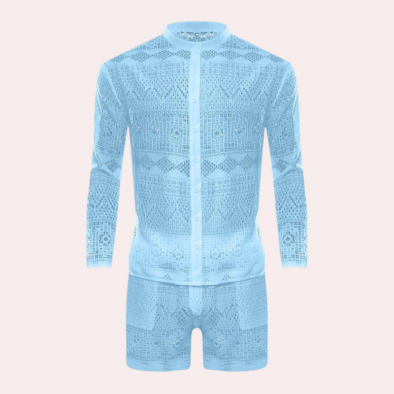Herren Sommer Strand Outfit aus Spitze - Leicht und Atmungsaktiv-Himmelblau-S-Luzern Mode