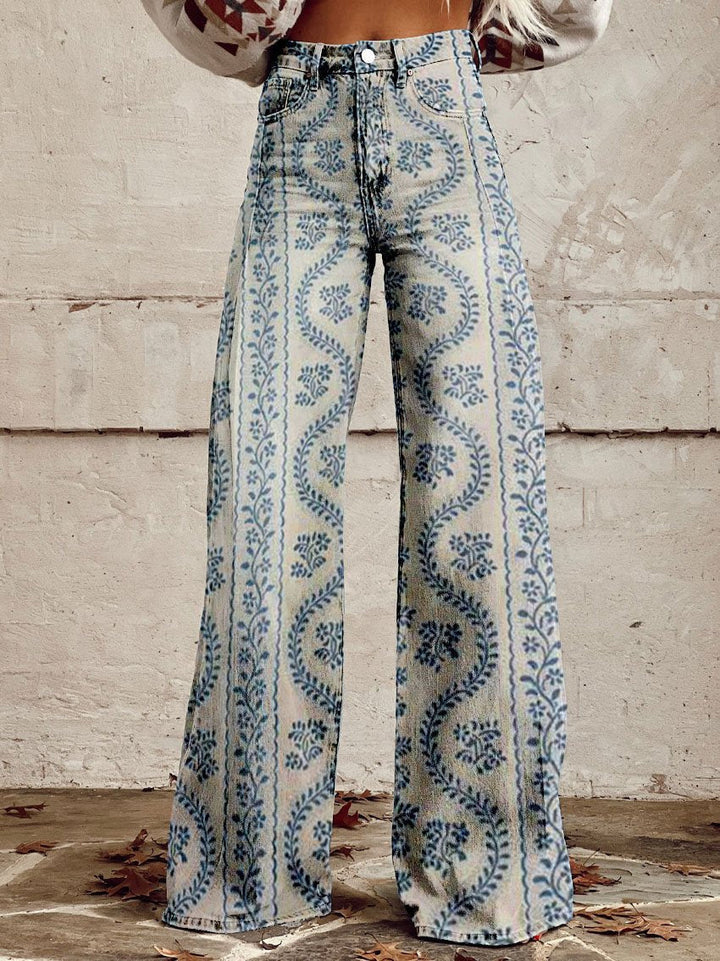 Damen Schlaghose mit Blumenmuster - Vintage 70er Jahre Look-Blau-S-Luzern Mode