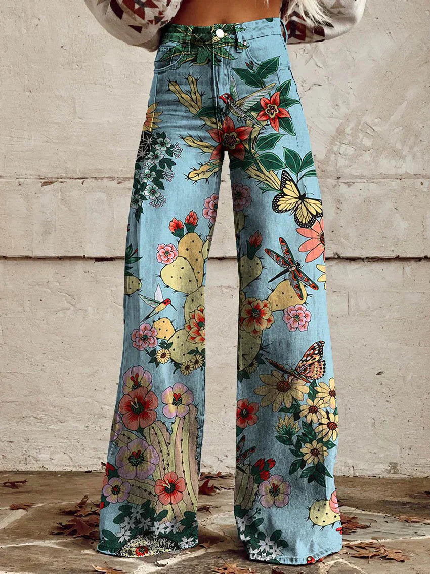 Damen Schlaghose mit Blumenmuster - Vintage 70er Jahre Look-Blauer Wald-S-Luzern Mode