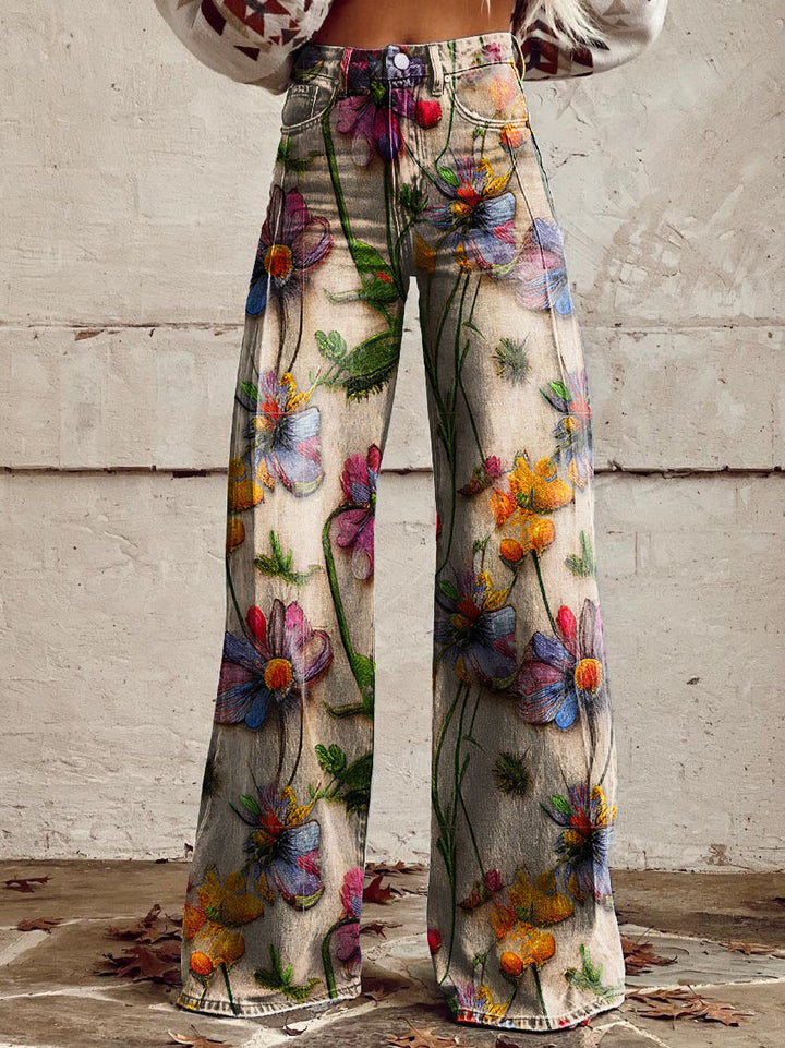 Damen Schlaghose mit Blumenmuster - Vintage 70er Jahre Look-Blumen-S-Luzern Mode