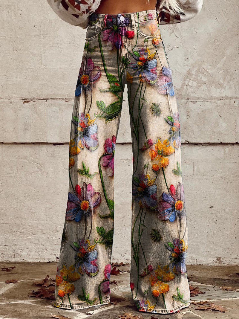 Damen Schlaghose mit Blumenmuster - Vintage 70er Jahre Look-Blumen-S-Luzern Mode
