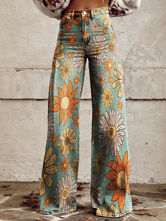 Damen Schlaghose mit Blumenmuster - Vintage 70er Jahre Look-Blüten-S-Luzern Mode