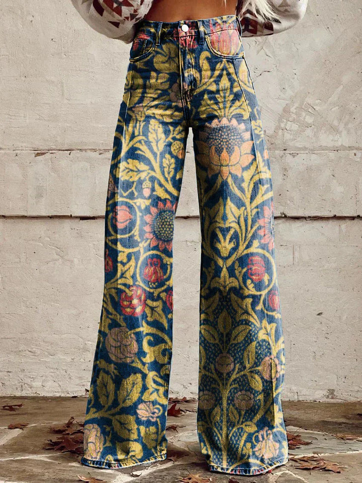 Damen Schlaghose mit Blumenmuster - Vintage 70er Jahre Look-Dunkelblau-S-Luzern Mode