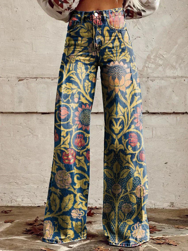 Damen Schlaghose mit Blumenmuster - Vintage 70er Jahre Look-Dunkelblau-S-Luzern Mode