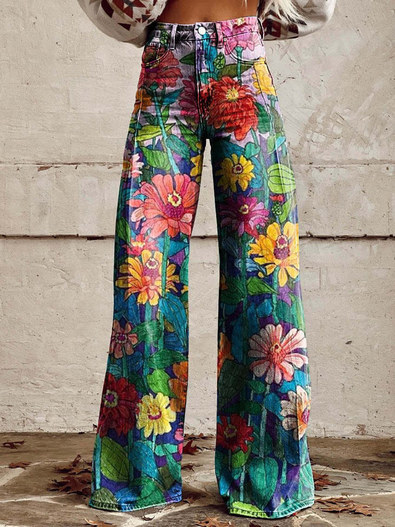 Damen Schlaghose mit Blumenmuster - Vintage 70er Jahre Look-Gänseblümchen-S-Luzern Mode