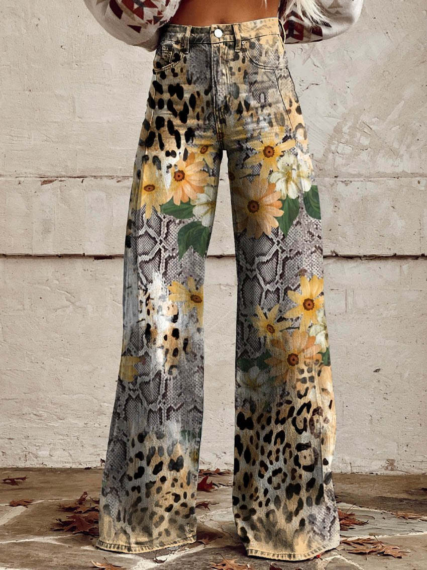 Damen Schlaghose mit Blumenmuster - Vintage 70er Jahre Look-Leopardenmuster-S-Luzern Mode