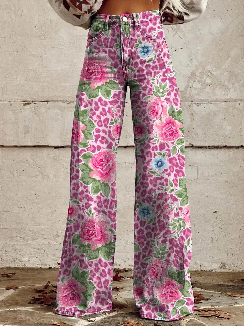 Damen Schlaghose mit Blumenmuster - Vintage 70er Jahre Look-Rosa Blumen-S-Luzern Mode