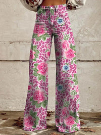 Damen Schlaghose mit Blumenmuster - Vintage 70er Jahre Look-Rosa Blumen-S-Luzern Mode