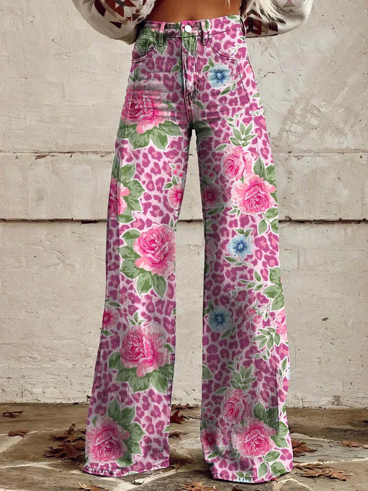 Damen Schlaghose mit Blumenmuster - Vintage 70er Jahre Look-Rosa Blumen-S-Luzern Mode