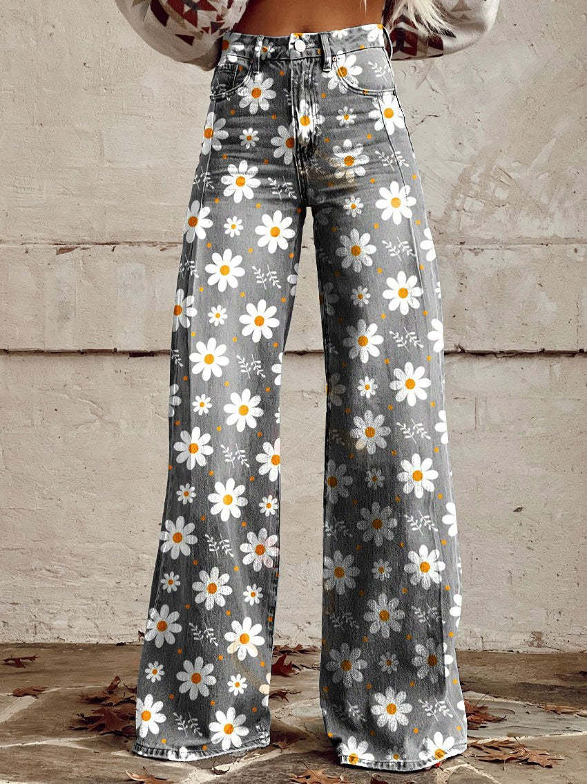 Damen Schlaghose mit Blumenmuster - Vintage 70er Jahre Look-Weiße Blumen-S-Luzern Mode