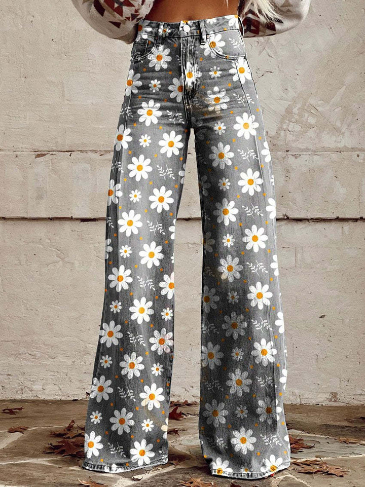 Damen Schlaghose mit Blumenmuster - Vintage 70er Jahre Look-Weiße Blumen-S-Luzern Mode