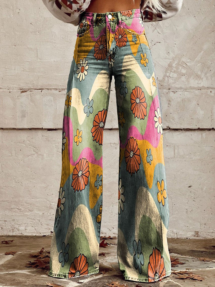 Damen Schlaghose mit Blumenmuster - Vintage 70er Jahre Look-Wellen & Blumen-S-Luzern Mode