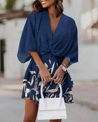 Sommer Mini Kleid | Mehrfarbig | Fröhlich | Halbe Ärmel | V-Ausschnitt-Blau-S-Luzern Mode
