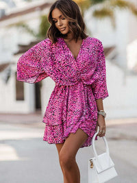 Sommer Mini Kleid | Mehrfarbig | Fröhlich | Halbe Ärmel | V-Ausschnitt-Lila-S-Luzern Mode