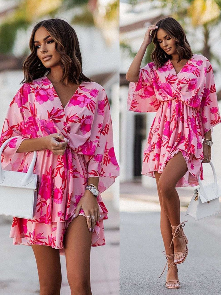 Sommer Mini Kleid | Mehrfarbig | Fröhlich | Halbe Ärmel | V-Ausschnitt-Luzern Mode