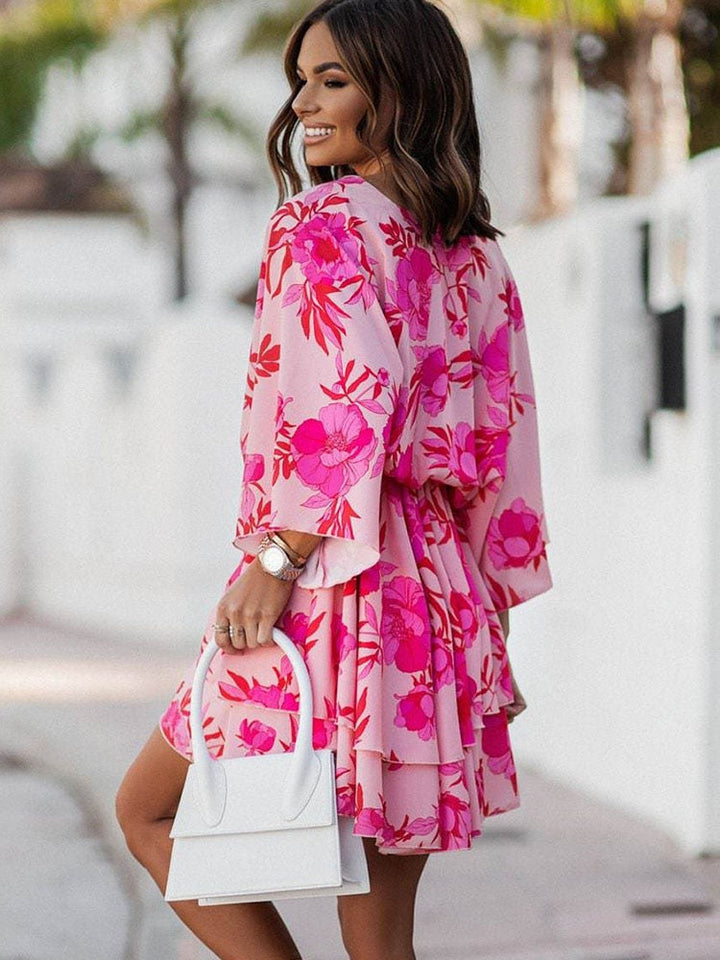 Sommer Mini Kleid | Mehrfarbig | Fröhlich | Halbe Ärmel | V-Ausschnitt-Luzern Mode