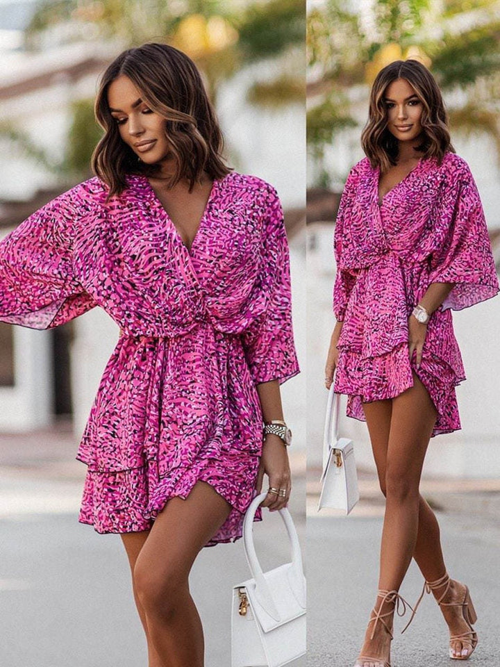 Sommer Mini Kleid | Mehrfarbig | Fröhlich | Halbe Ärmel | V-Ausschnitt-Luzern Mode