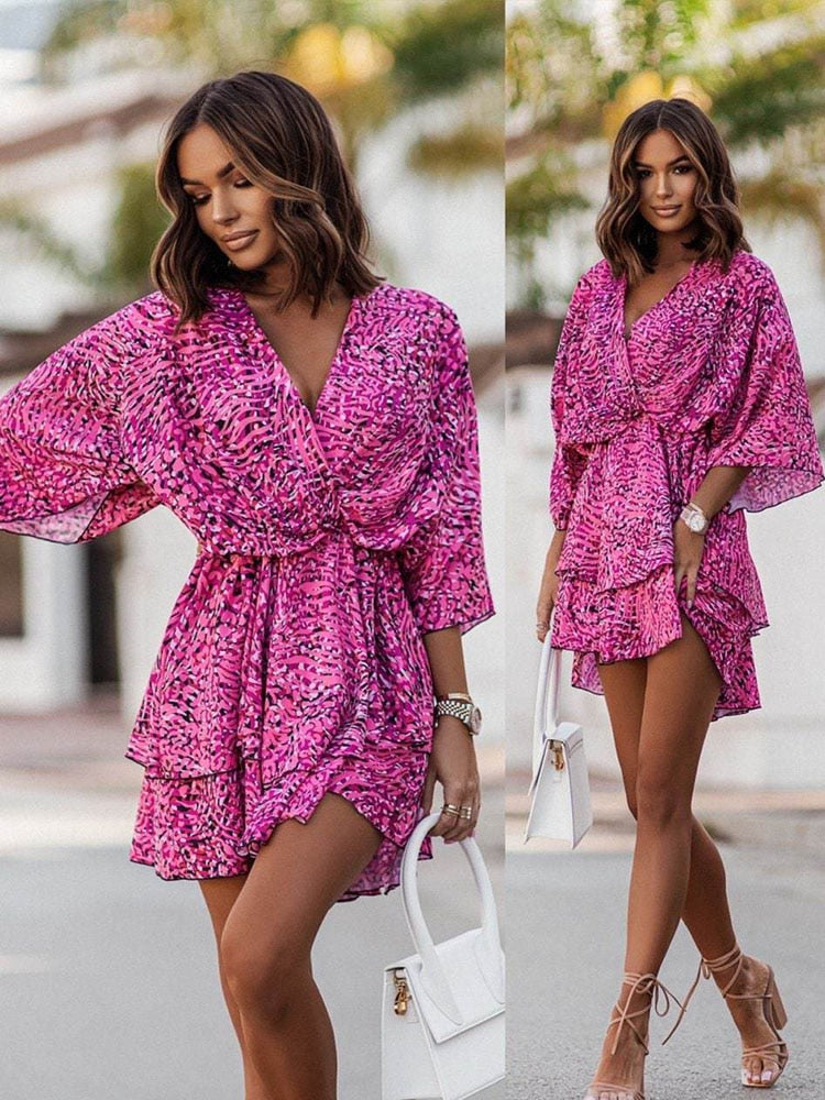 Sommer Mini Kleid | Mehrfarbig | Fröhlich | Halbe Ärmel | V-Ausschnitt-Luzern Mode
