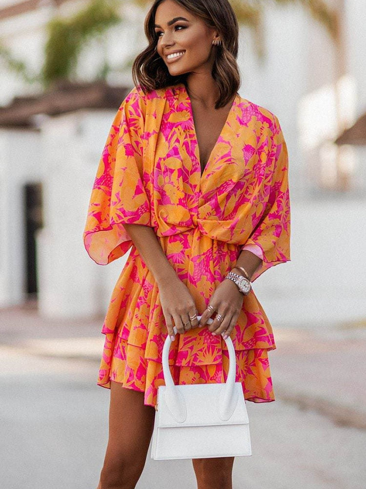 Sommer Mini Kleid | Mehrfarbig | Fröhlich | Halbe Ärmel | V-Ausschnitt-Orange/Rosa-S-Luzern Mode
