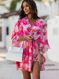 Sommer Mini Kleid | Mehrfarbig | Fröhlich | Halbe Ärmel | V-Ausschnitt-Rosa-S-Luzern Mode