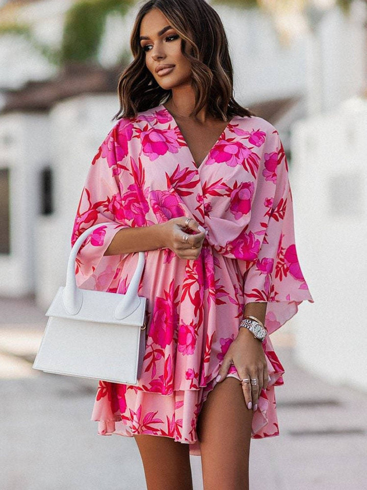 Sommer Mini Kleid | Mehrfarbig | Fröhlich | Halbe Ärmel | V-Ausschnitt-Rosa-S-Luzern Mode