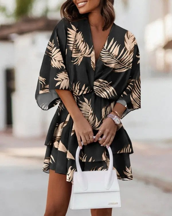Sommer Mini Kleid | Mehrfarbig | Fröhlich | Halbe Ärmel | V-Ausschnitt-Schwarz-S-Luzern Mode