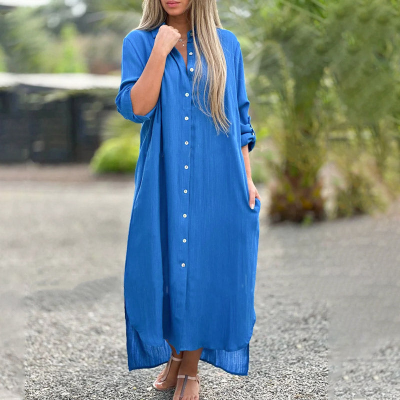 Luftiges Polo Kleid Damen | Sommerkleid mit Knöpfen | Baumwoll Leinen Mix-Blau-M-Luzern Mode