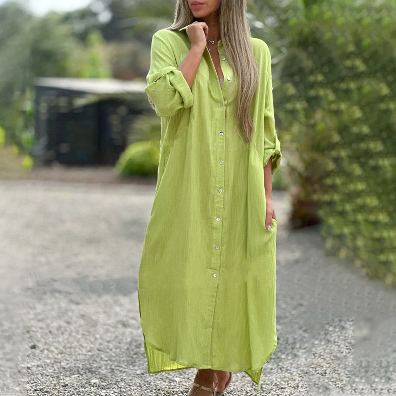 Luftiges Polo Kleid Damen | Sommerkleid mit Knöpfen | Baumwoll Leinen Mix-Grün-M-Luzern Mode