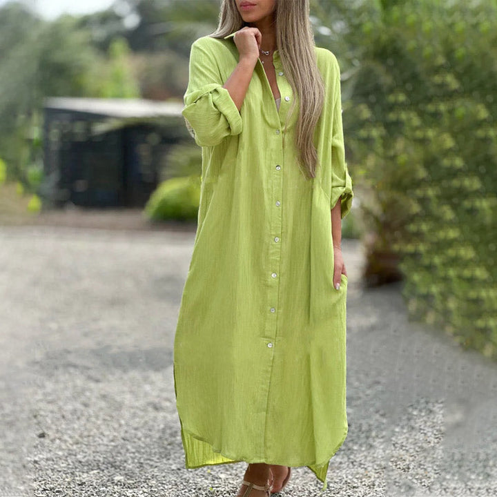 Luftiges Polo Kleid Damen | Sommerkleid mit Knöpfen | Baumwoll Leinen Mix-Grün-M-Luzern Mode