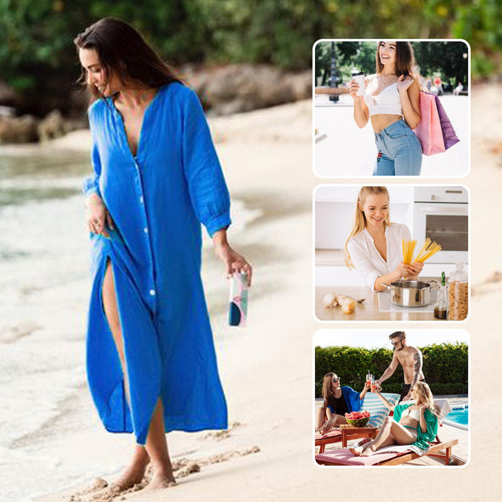 Luftiges Polo Kleid Damen | Sommerkleid mit Knöpfen | Baumwoll Leinen Mix-Luzern Mode