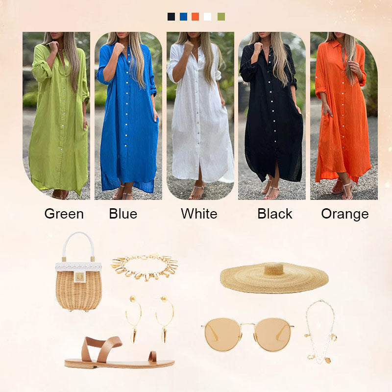 Luftiges Polo Kleid Damen | Sommerkleid mit Knöpfen | Baumwoll Leinen Mix-Luzern Mode