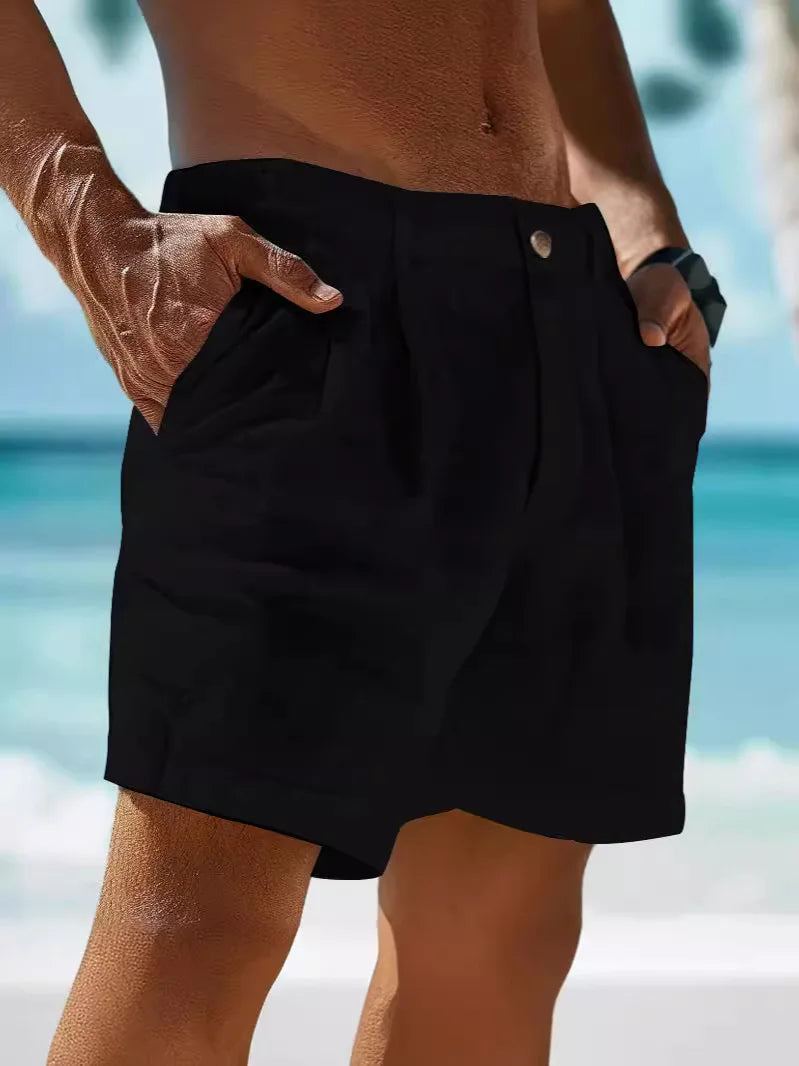 100 % Leinen | atmungsaktiv | Regular Fit | Seitentaschen | Shorts Herren S–3XL-Schwarz-S-Luzern Mode