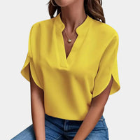 Damen Sommerbluse | Luftig | Lockere Schnitt | Kurzarm | V-Ausschnitt-Gelb-S-Luzern Mode
