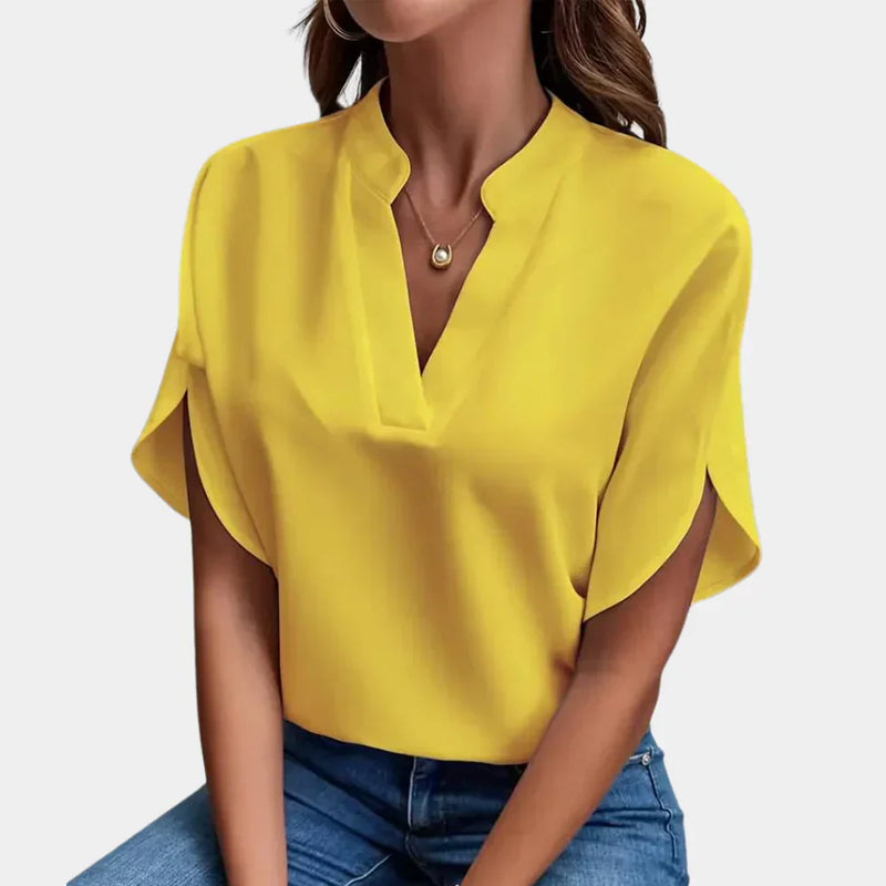 Damen Sommerbluse | Luftig | Lockere Schnitt | Kurzarm | V-Ausschnitt-Gelb-S-Luzern Mode