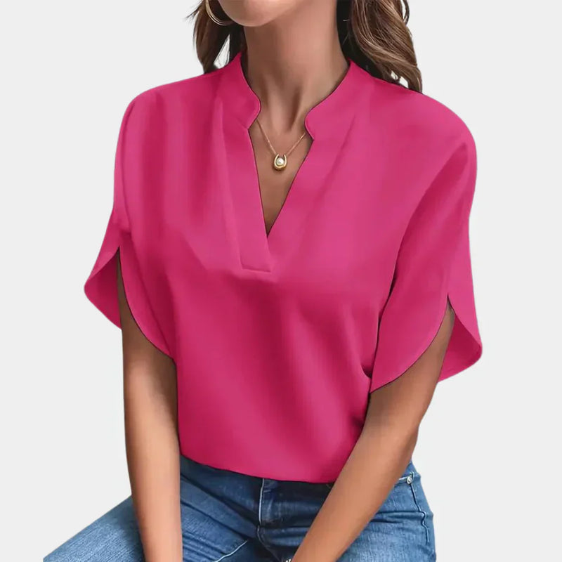 Damen Sommerbluse | Luftig | Lockere Schnitt | Kurzarm | V-Ausschnitt-Rosa-S-Luzern Mode
