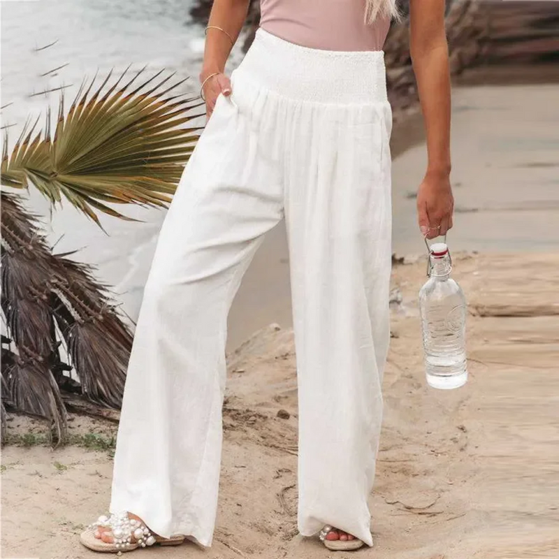 Leinenhose Damen Sommer Weit Geschnitten Strandmode-Weiß-s-Luzern Mode