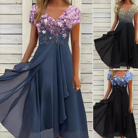 Midi Sommerkleid | Zweifarbig | Blumenmuster | Kurze Ärmel | V-Ausschnitt-Luzern Mode