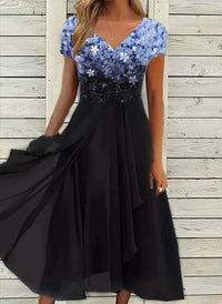 Midi Sommerkleid | Zweifarbig | Blumenmuster | Kurze Ärmel | V-Ausschnitt-Blau Schwarz-S-Luzern Mode
