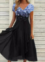 Midi Sommerkleid | Zweifarbig | Blumenmuster | Kurze Ärmel | V-Ausschnitt-Blau Schwarz-S-Luzern Mode