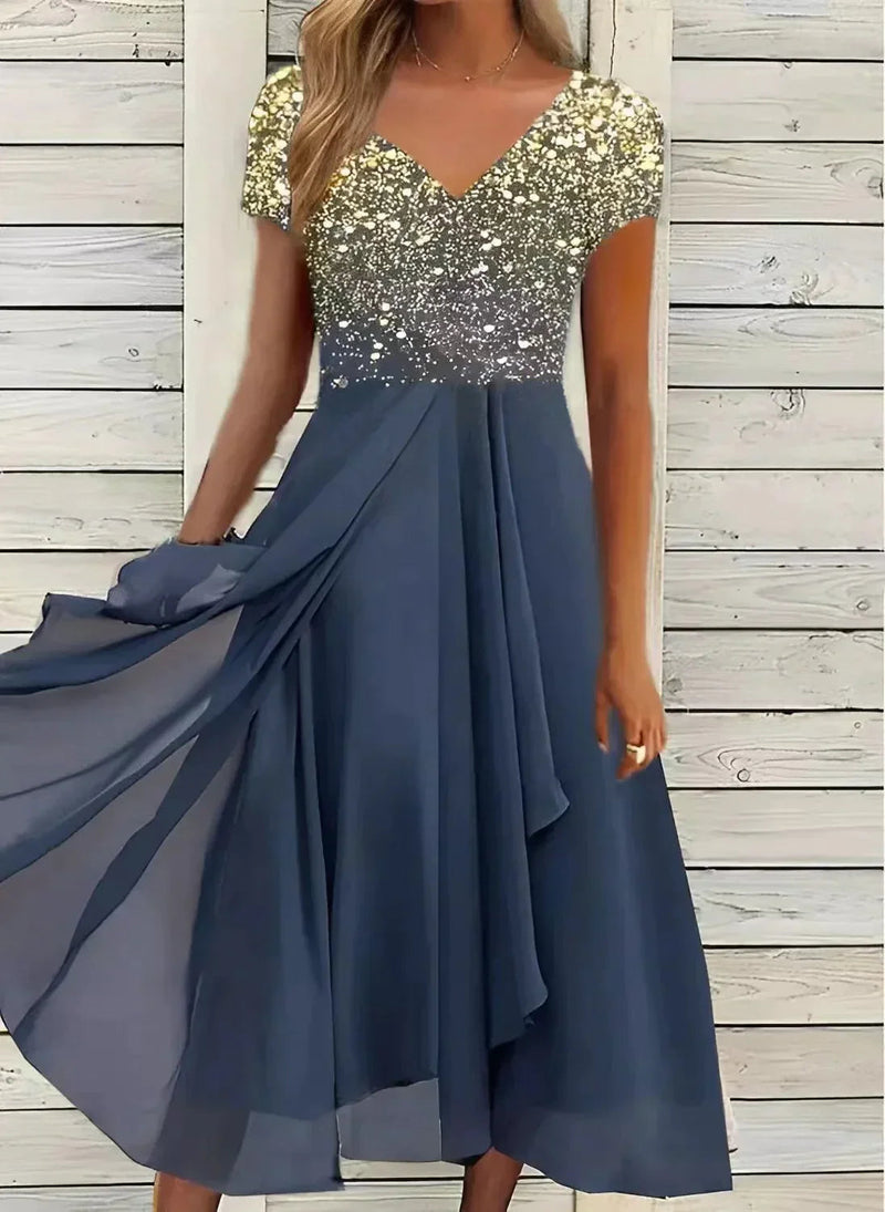Midi Sommerkleid | Zweifarbig | Blumenmuster | Kurze Ärmel | V-Ausschnitt-Gold Blau-S-Luzern Mode