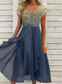Midi Sommerkleid | Zweifarbig | Blumenmuster | Kurze Ärmel | V-Ausschnitt-Gold Blau-S-Luzern Mode