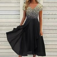 Midi Sommerkleid | Zweifarbig | Blumenmuster | Kurze Ärmel | V-Ausschnitt-Gold Schwarz-S-Luzern Mode